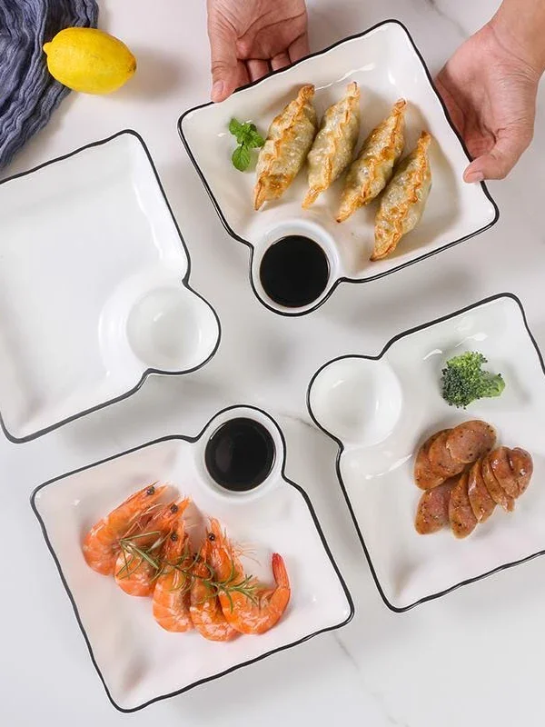 

Japanese Style Ceramic Dumpling Plate with Vinegar Dish Square Shape Microwave Safe Adult Dumpling Dish Deep Dishwasher ...