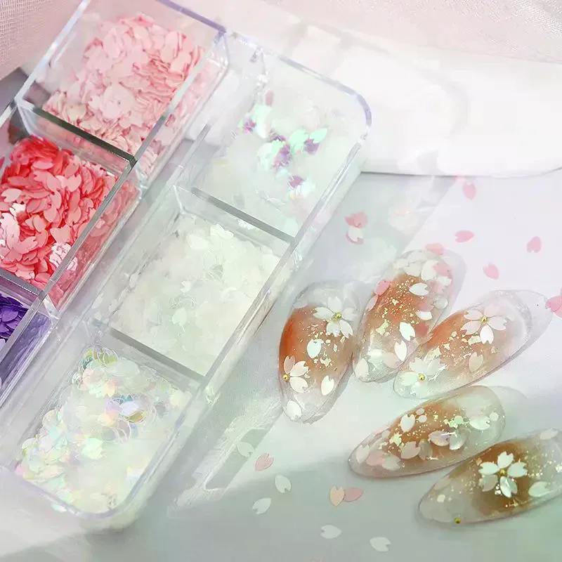 6 Grids Shining Flower Petal Chip Nail Sequins Cherry Blossoms Glitter Stickers Spring Holographic Decor Flakes Colorful Decor
