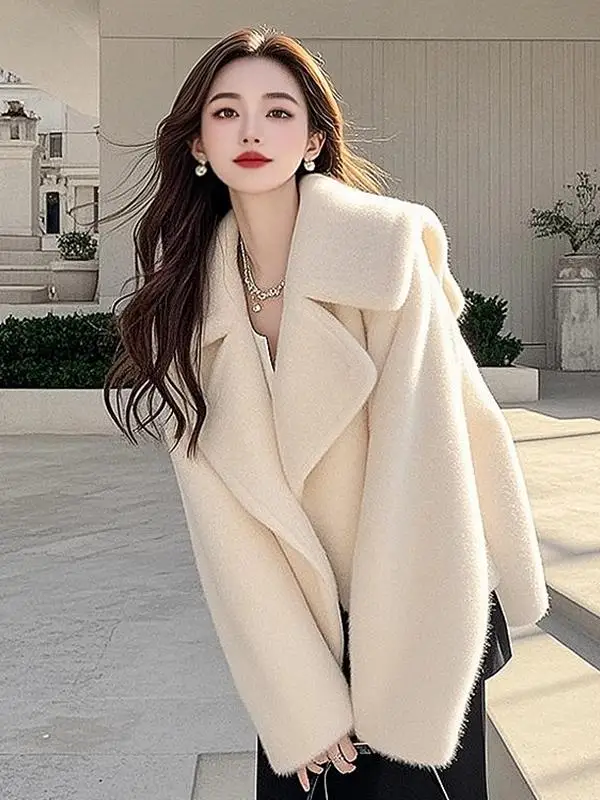 

Winter 2024 Thiened Warm Casual Slim Fit White Collar Plu Jaet Women's Sweet Sle Long Sve Woolen Coat k Blue