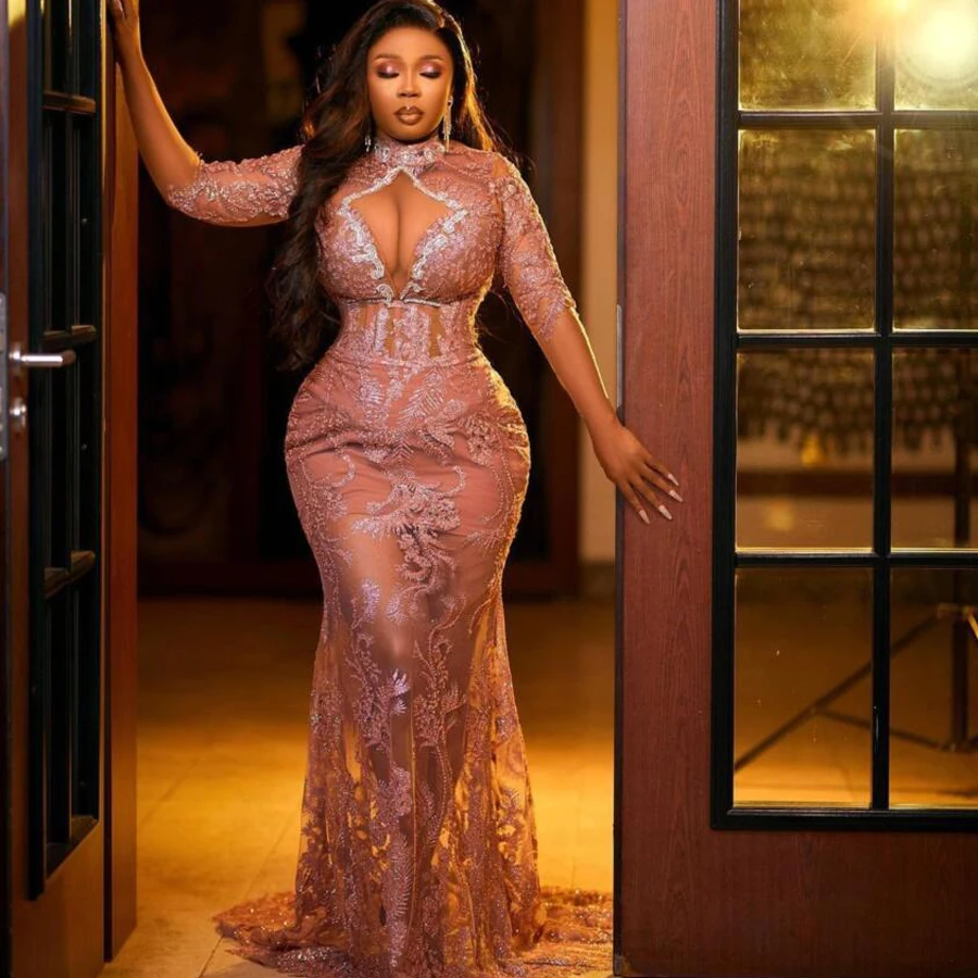 Robe de soirée transparente en dentelle, col haut, manches longues, décolleté en perles, Sexy, tenue de bal, grande taille, Style Aso Ebi