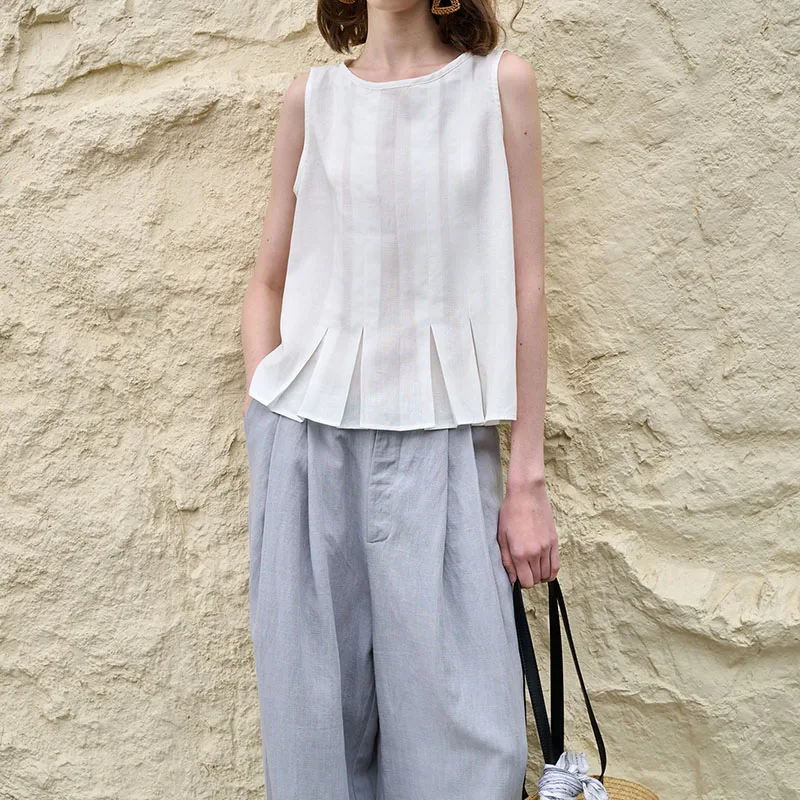 Women Vest Sleeveless Loose Pleated Design Back Button Placket Solid Color Simple Comfortable Breathable Casual Versatile Top