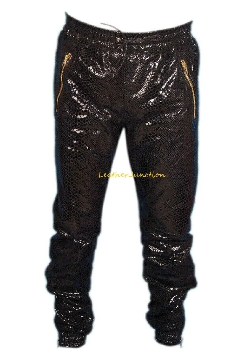 

Men's Sweat Pants Real Leather Jogging Leather Sport Snake Print Track Pants Leather Pants