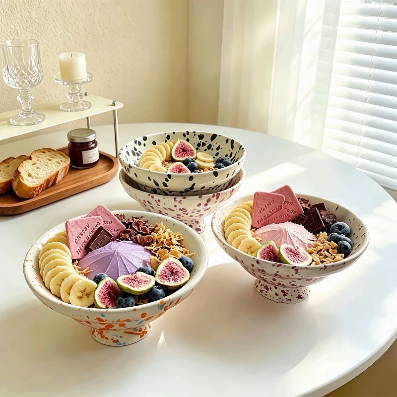 Splatter Dot Pedestal Ceramic Dessert Bowl Creative Irregular Yogurt Fruit Bowl, Aesthetic Home Ice Cream Oatmeal Breakfast Bowl