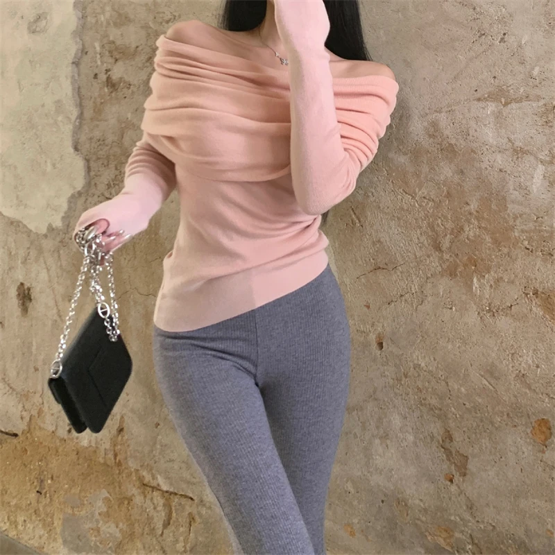 

Off-the-shoulder Long-sleeved Bottoming Shirt Wear Women's Pink Gentle Wind Short Tight-fitting One-word Neck Knitted Sweater
