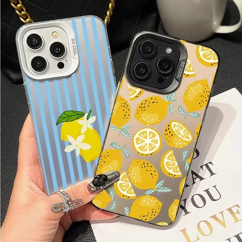 Summer Fresh Lemon Fruit Print Clear Phone Case For iPhone 17 16 15 14 13 12 11 Pro Max Stripes Floral Design Cellphone Shell