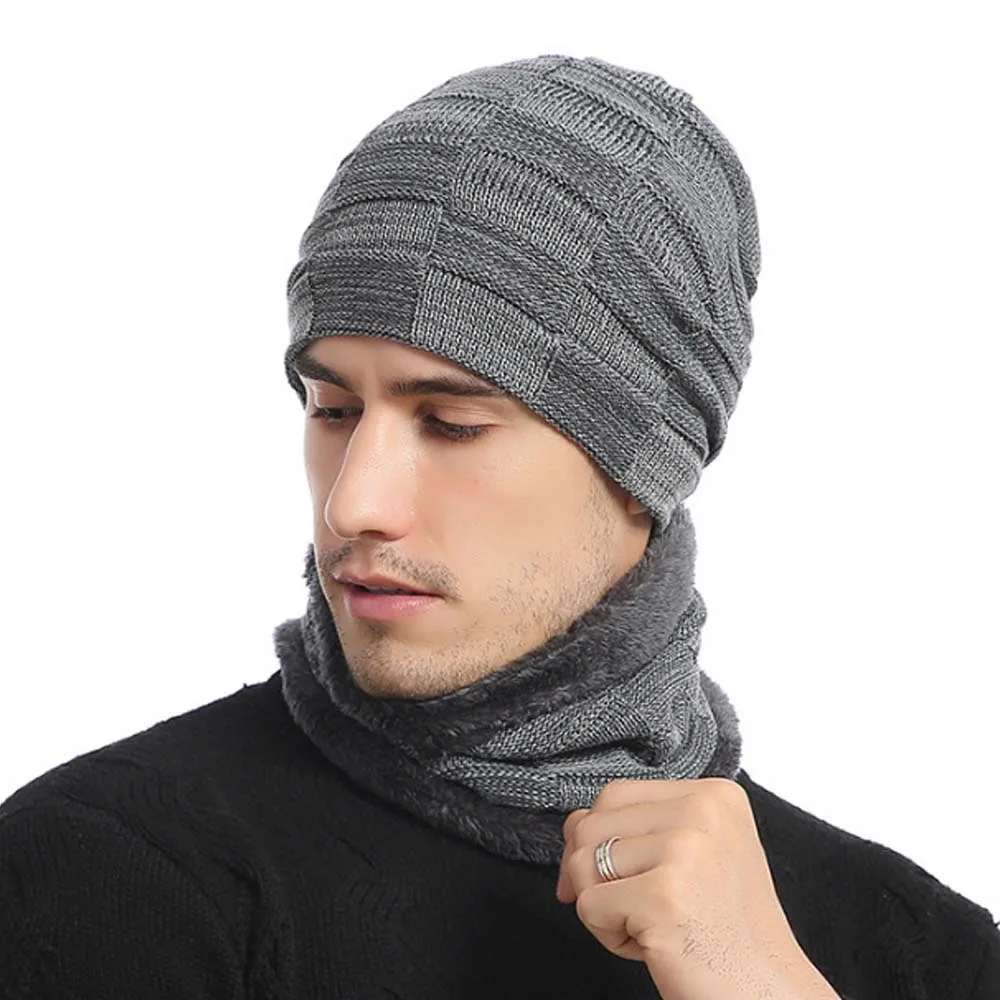 

Fashion Acrylic Fibres Men Scarf and Hat Set Soft Elastic Woolen Hat Plaid Solid Color Pullover Cap Outdoor