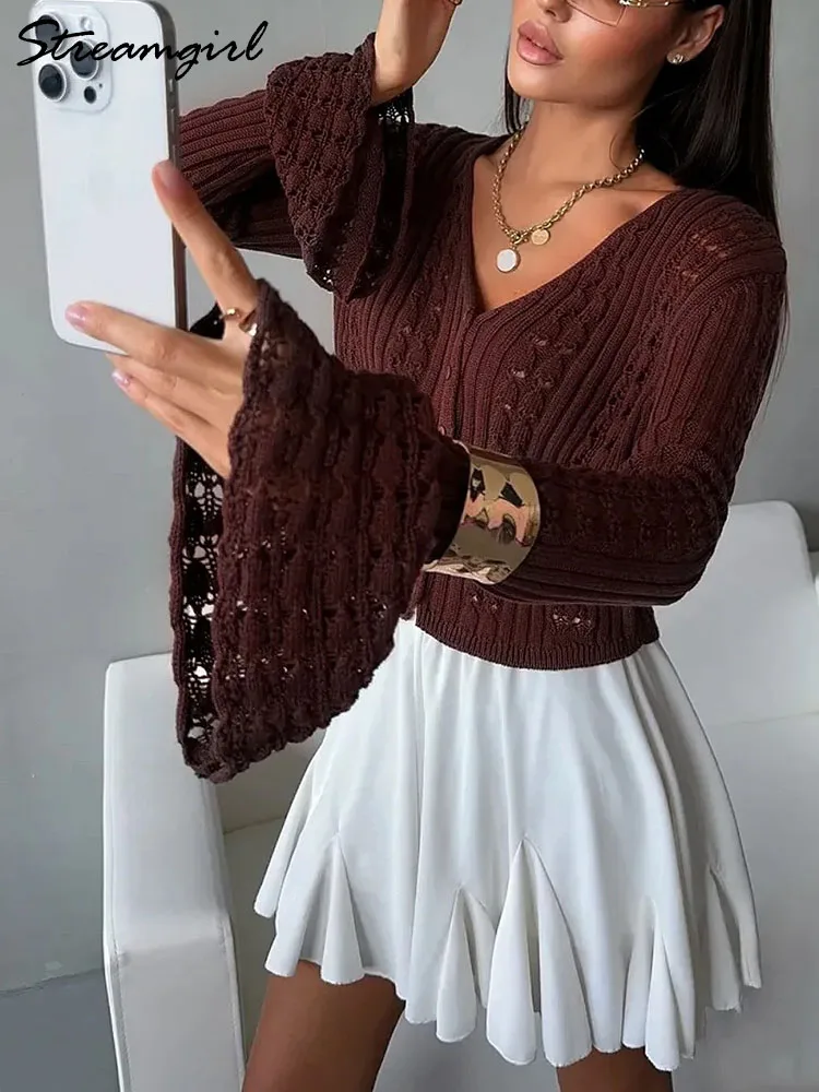Summer Crop Cardigan For Women Hollow Out Knitted Coffee Short Cardigans V Neck Burgundy Clothes Crochet Cardigan Long Sleeve