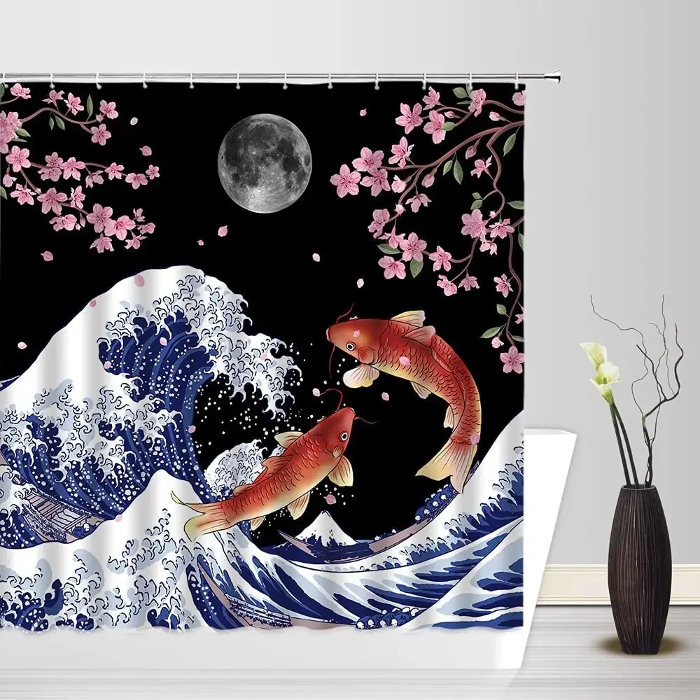 Japanese Waves Shower Curtain Cherry Blossom Pulm Flower Moon Koi Fish Kanagawa Waves Asian Romantic Fabric Bathroom Curtains