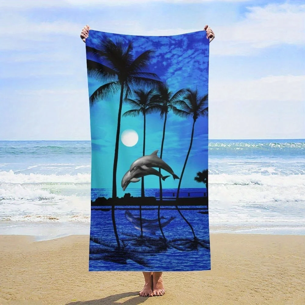 Ocean Dolphin and Palm Tree Beach Towel, Tropical Island Art Quick-Dry Sand-Free Microfiber Bath Towel for Pool, Campingand Home