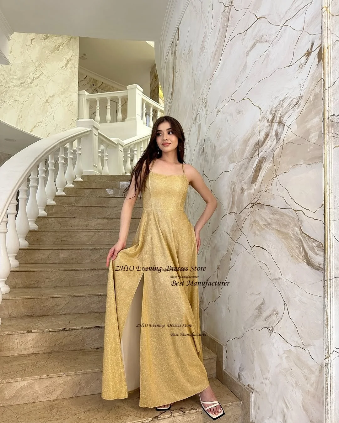 ZHIO-vestido de noche de estilo Simple con lentejuelas, plisado, línea A, cuello cuadrado, vestido de fiesta con tirantes finos, vestido de graduación personalizado para mujer