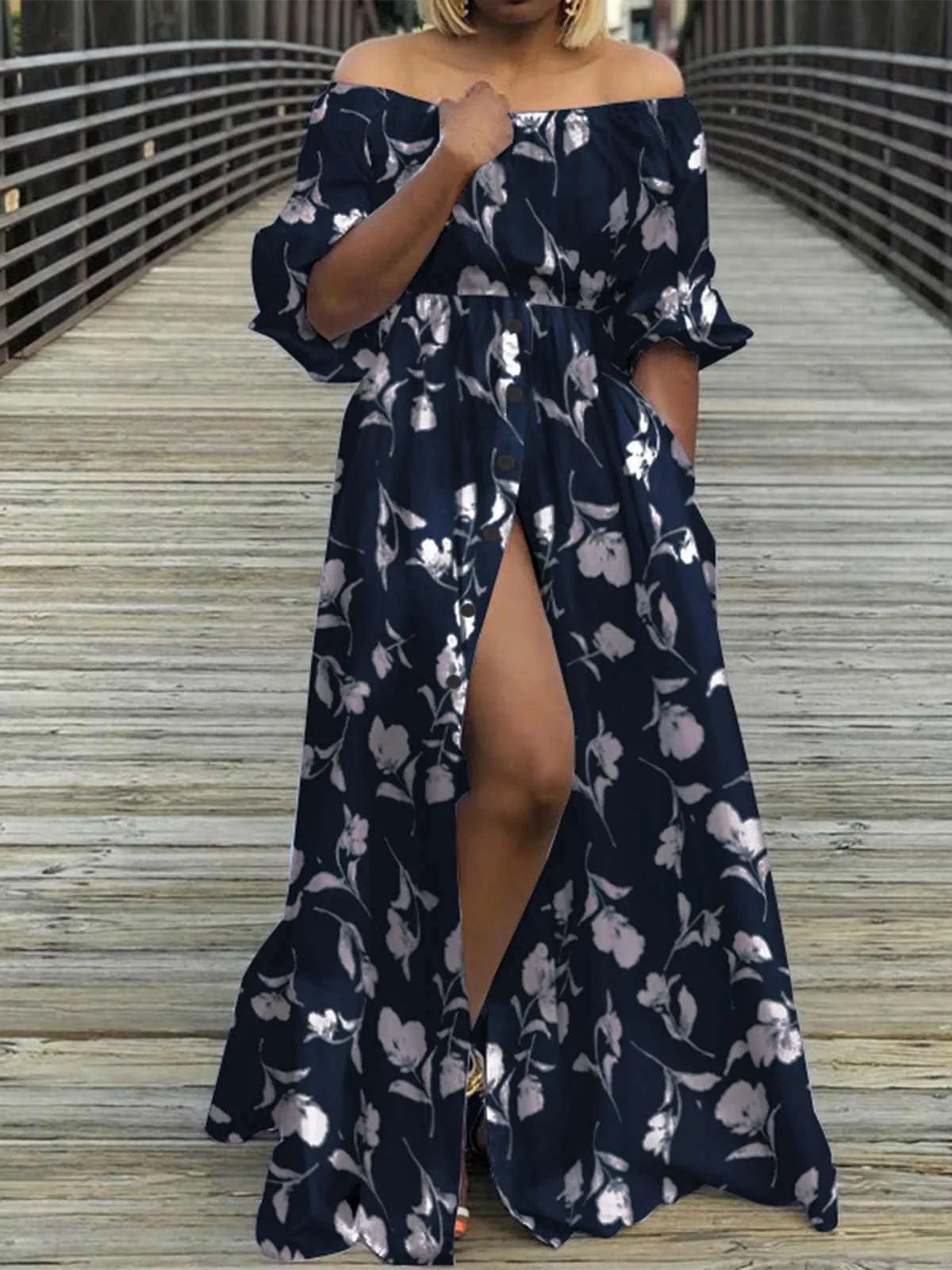 2024 Celmia Sexy Off Shoulder Long Maxi Dress Women Lantern Sleeve Floral Print Sundress Slit Summer Casual Buttons Beach Robe