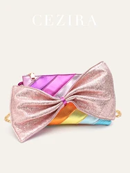 Funky Shiny Sequins Metallic PU Leather Clutch Bag Women Big Bow Rainbow Color Stripes Square Zip Long Chain Crossbody Purse