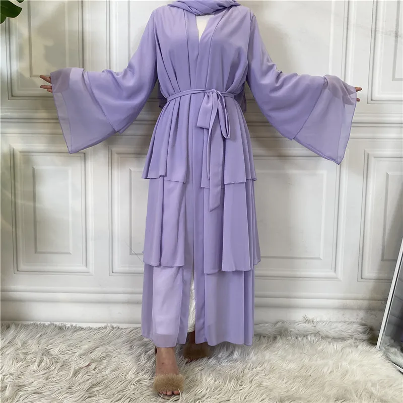 Ramadan Eid Abayas for Women Dubai 2023 Three-layer Soft Chiffon Muslim Fashion Dress Woman Open Abayas With Belt Turkey Islam