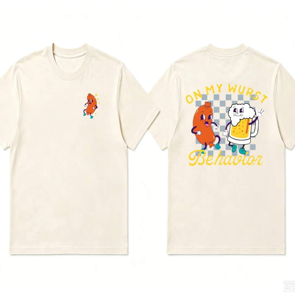 Oktoberfest on My Wurst Behavior T‑Shirt Men Women Cartoon Sausage Beer Mug Checkerboard Print Casual Short Sleeve Cotton Tops