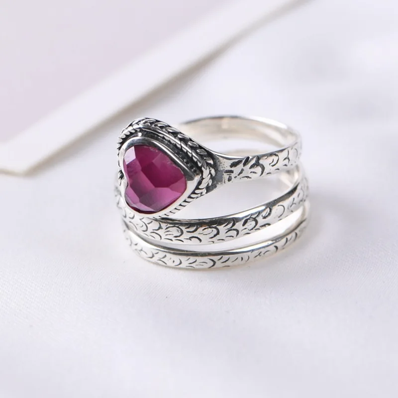 S925 Silver Inlaid Love Red Corundum Multi Loop Wrapped Ring for Women Retro Fashion High End Party Jewelry Gift