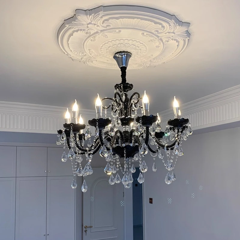European Black Stainless Steel Chandeliers Teardrop Shape Crystal Pendant Light Living Room Study Bedroom Hotel LED Hanging Lamp