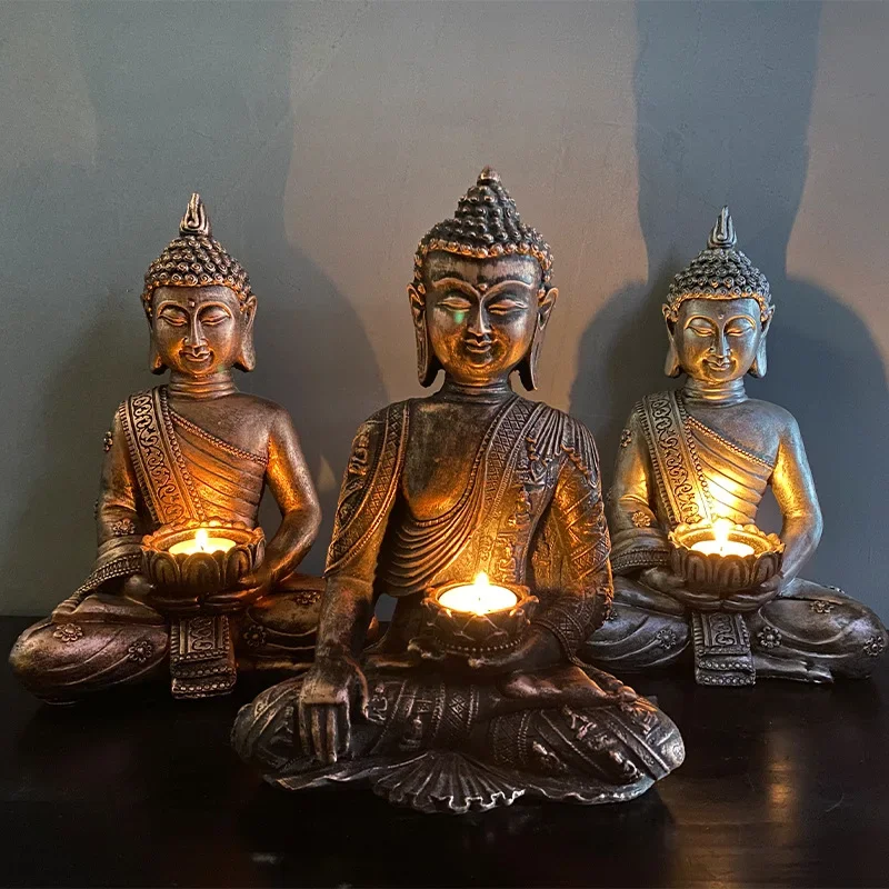 Buddha Statue Candle Tea Light Holder Meditating Buddha with Patina Gold Finish Sitting Sculpture Candle Holder Feng Shui Decor