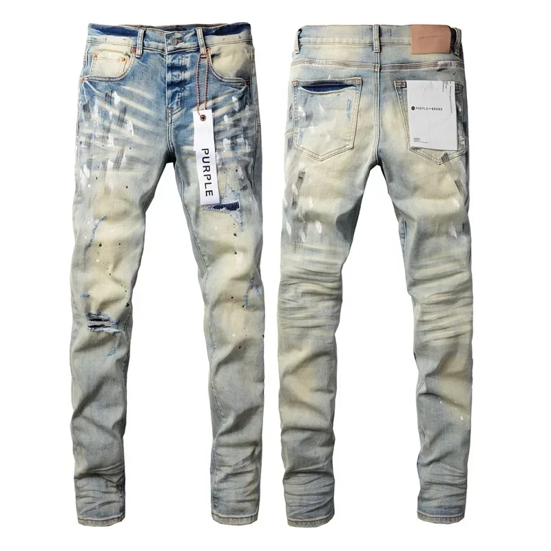 Purple branded jeans, high street paint, ripped holes, distressed repairs, low raised skinny denim trousers