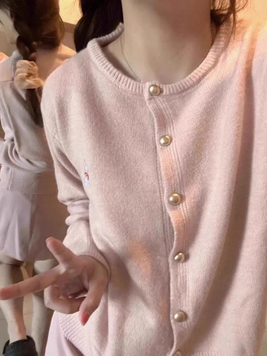 핑크 자수 패턴 니트 오픈 가디건 여성 봄 가을 루즈 롱 슬리브 캐주얼 소프트 젠틀 아우터웨어 탑