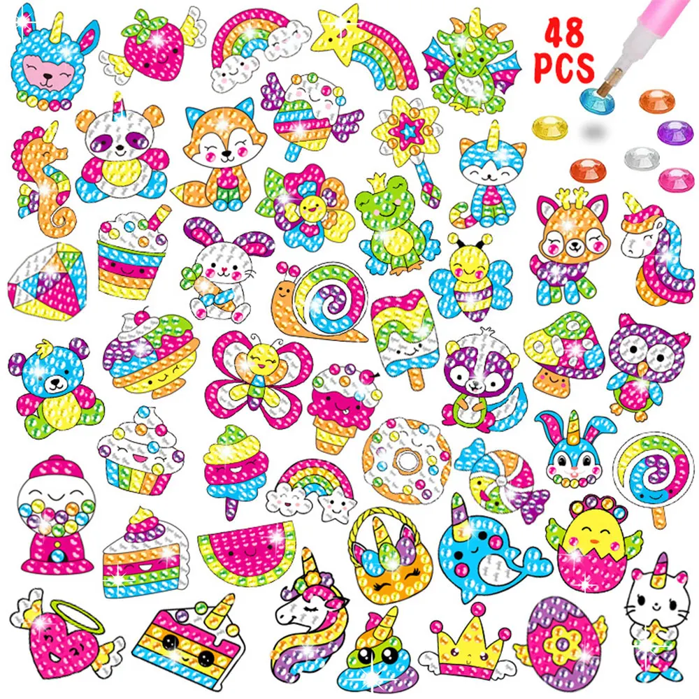 12/48Pcs Kids Diamond Painting Stickers Kits for Children Easy DIY Cartoon Stickers Diamond Painting by Numbers Art Crafts