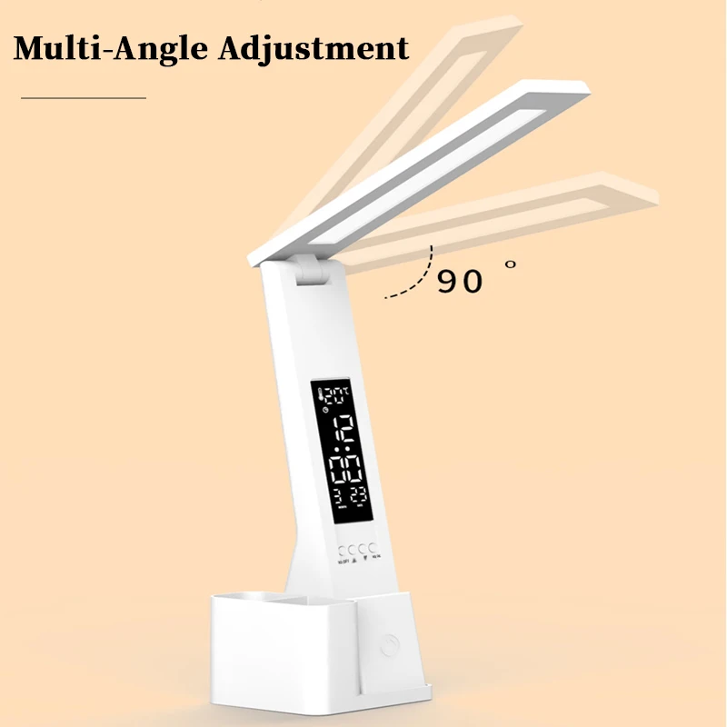 Lámpara LED de escritorio USB regulable táctil con calendario, reloj de temperatura, luz nocturna, lámpara de mesa plegable para estudio, lámpara de