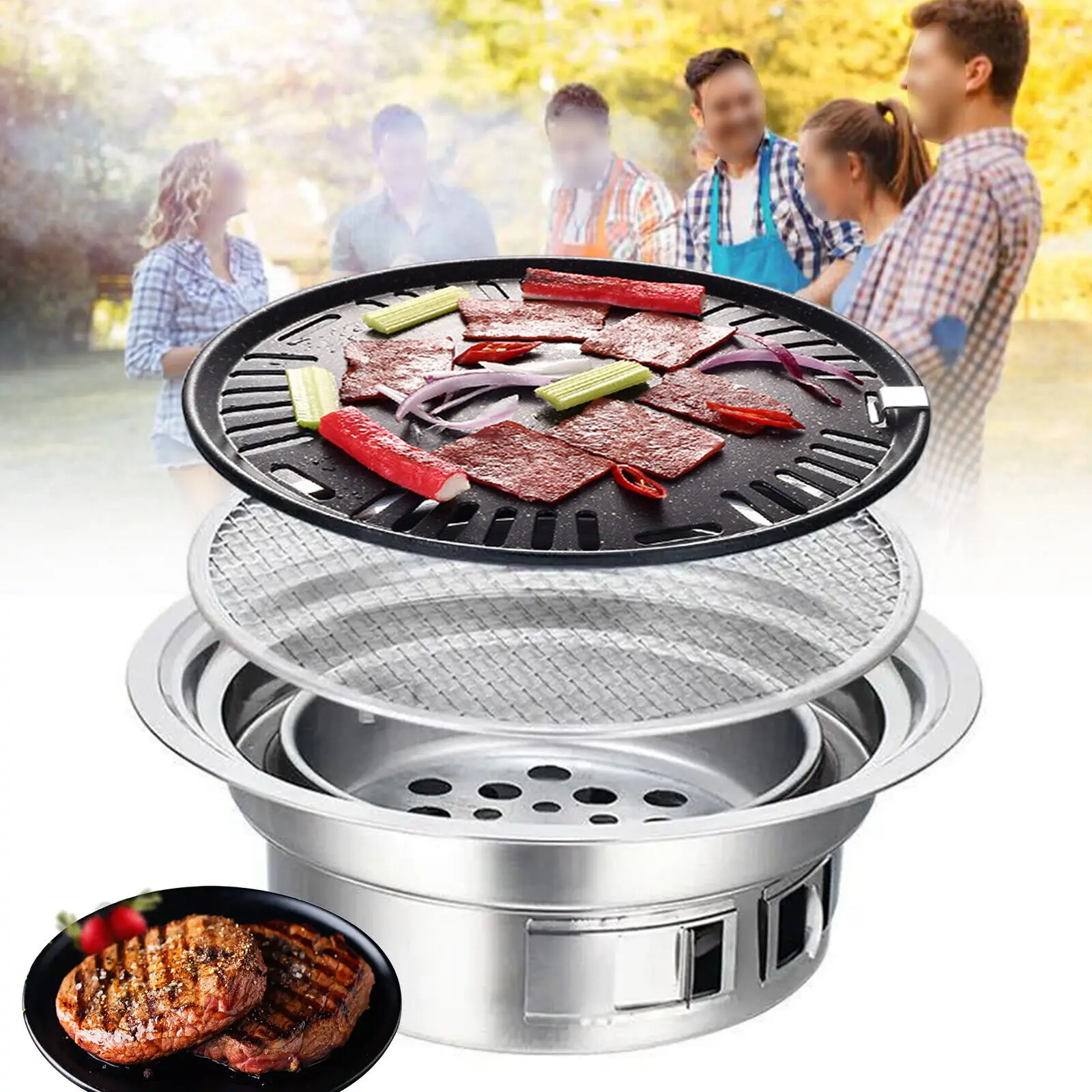 Japanese Korean Stainless Steel Hibachi BBQ Picnic Table Round Grill Outdoor & Indoor Barbecue Stove Cooker Portable