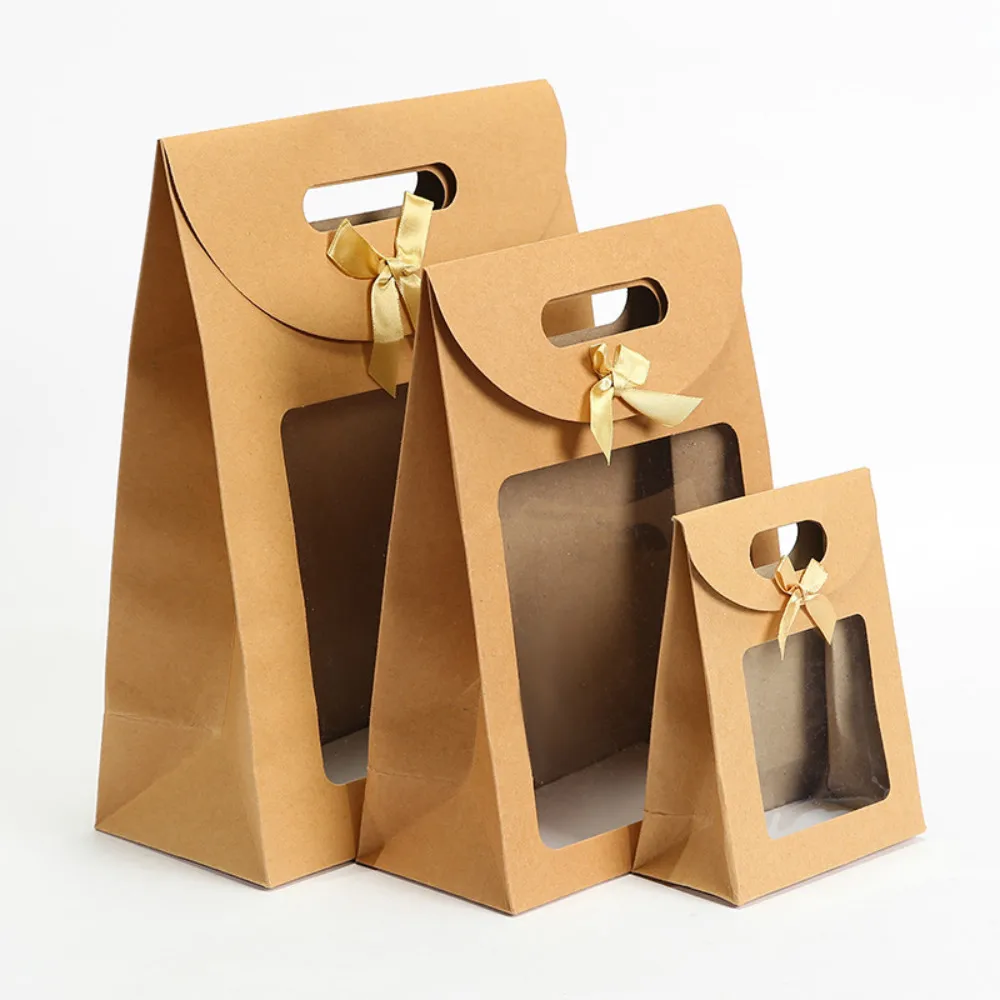 

50 Pcs Kraft Paper Bag Window Wedding Party Gift Packaging Biscuit Candy Food Cookie Bread Seen Snacks Baking Takeaway Bags