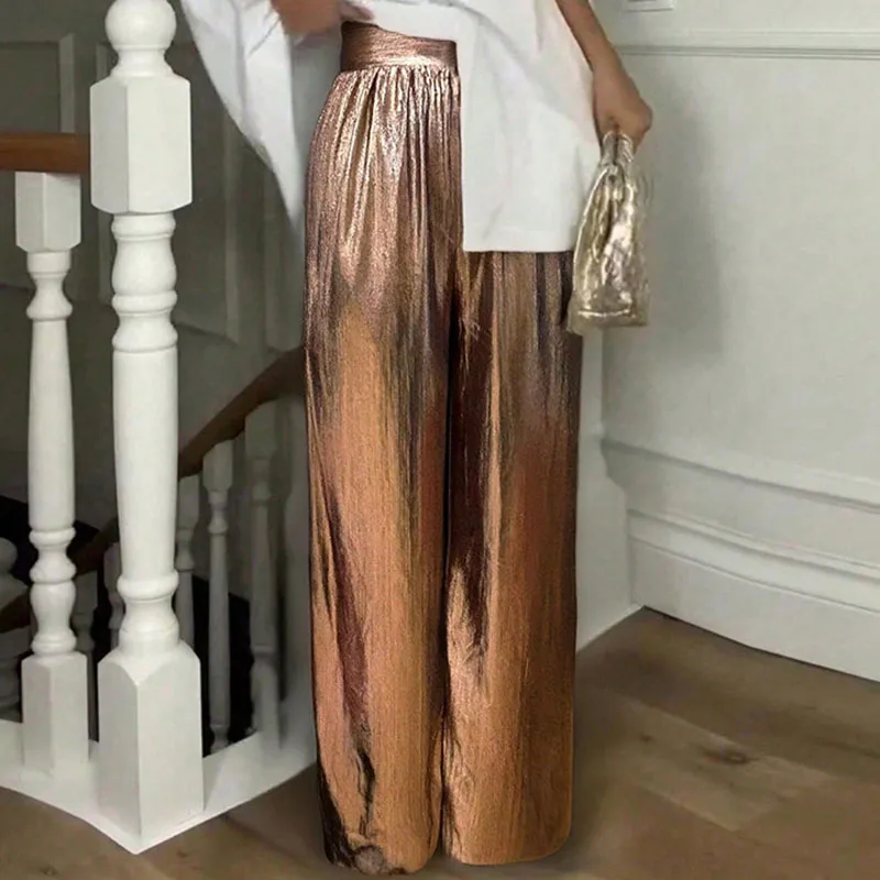 

Office Simple Loose Trousers Casual Solid Color Shiny Silk Women's Long Pants Chic Elastic High Waist Straight Leg Summer Pants