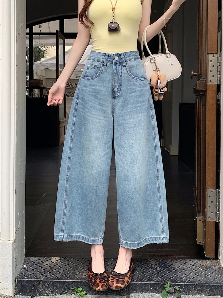 

High Waist Loose Wide Leg Blue Jeans Women's Casual Style Faded Denim Pants Summer Season Nine Points High Waist Jeans