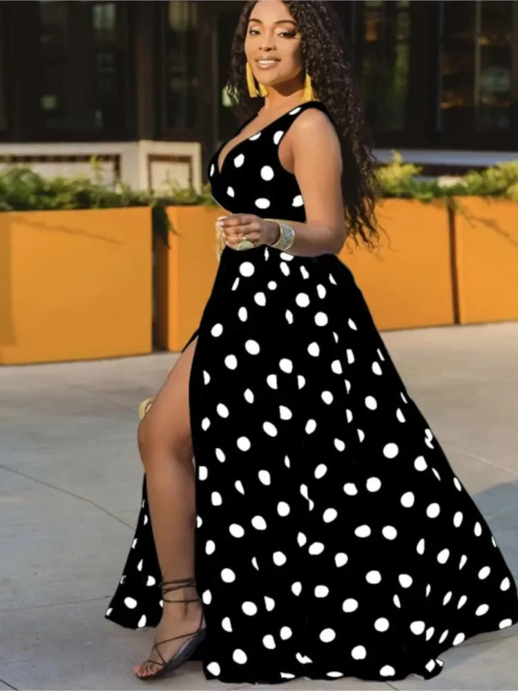 Sexy Tiefem V-ausschnitt Polka Dot Langes Kleid für Frauen Sommer Boho Ärmel Schlank Druck Seite Schlitz Party Maxi Kleider Robe Femme