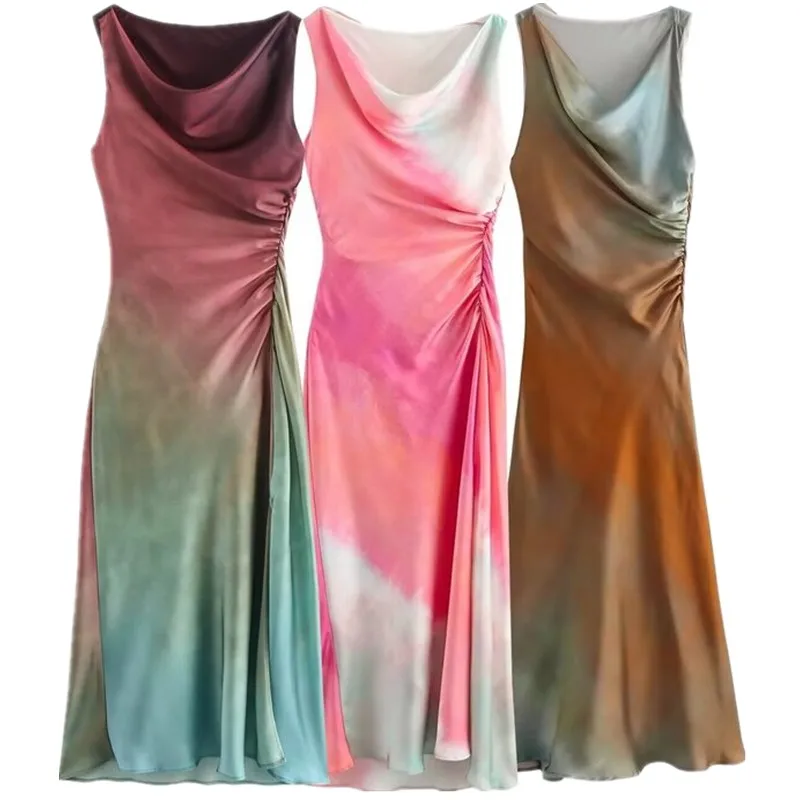 Estate 2024 Midi Dr da donna Stampa tinta stropicciata Stampa floreale Split 00% Altro materiale Svel Ele Sle Casual Pezzo singolo