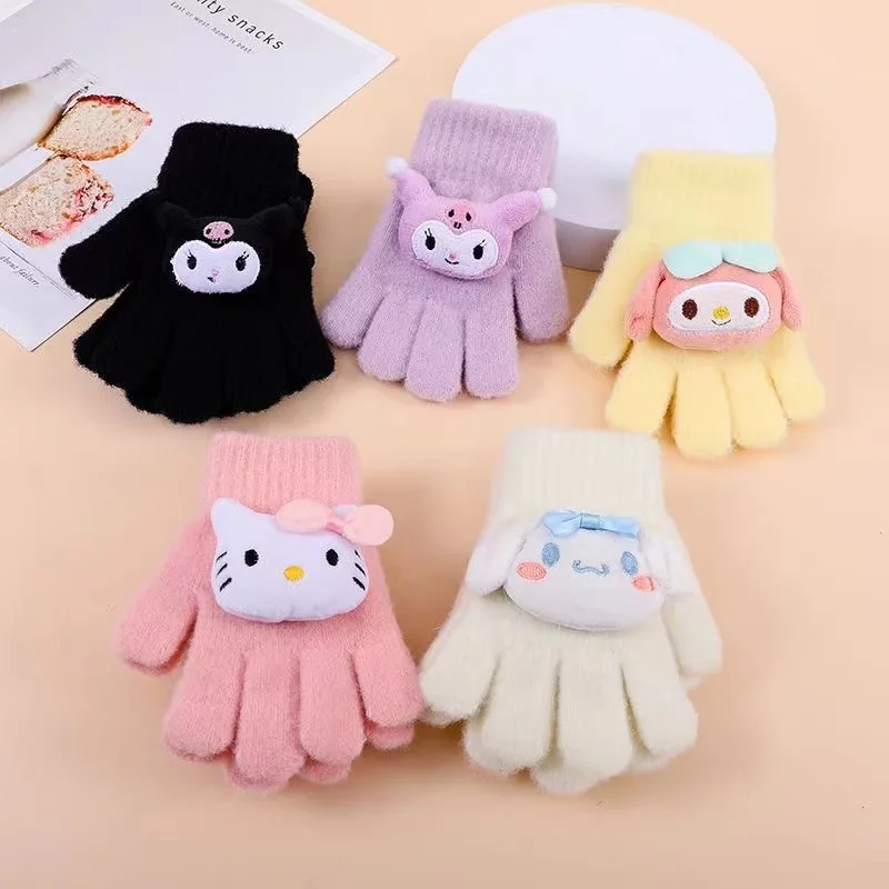 Sanrio Hello Kitty Children's Gloves Girls Winter Warm Split Finger Kuromi 2024 New Padded and Thickened Five-Finger Sets