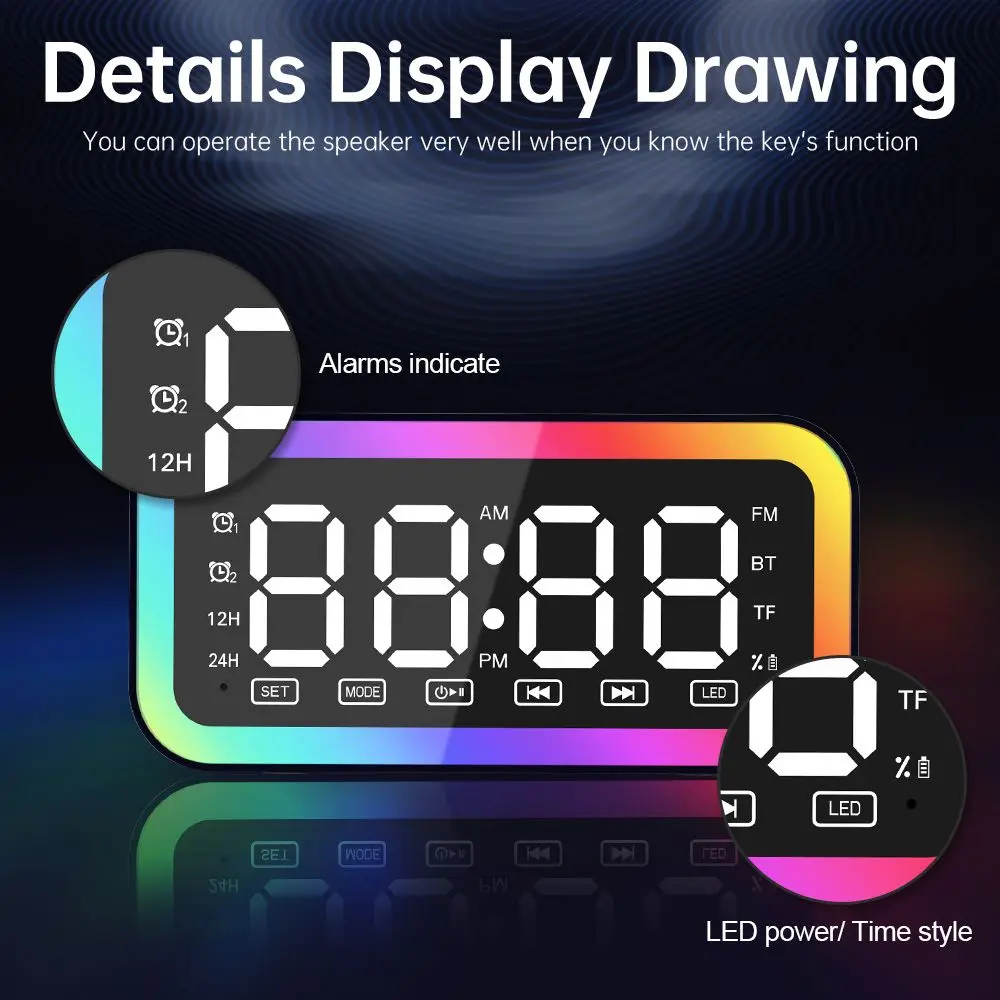 1200HA Bluetooth Mini Speaker I Alarm Clock Speaker Atmosphere Light Portable Mini Home Outdoor Clock Color Light TF Radio Mode