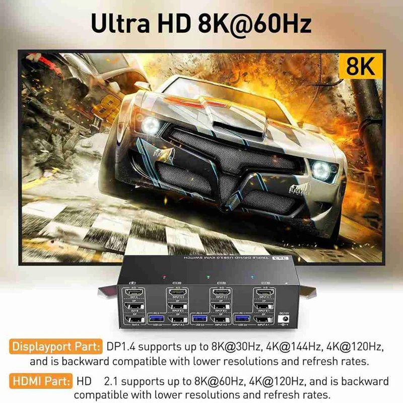 4K@144 هرتز - محول KVM متوافق مع 3 شاشات و3 أجهزة كمبيوتر، محول 2 منفذ KVM، 8K@30 هرتز، مع 4 USB 3.0 EU PLUG