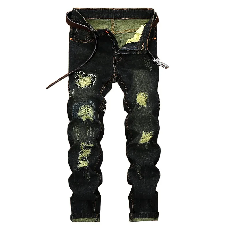 Pantalones vaqueros Vintage rasgados hasta la rodilla para hombre (sin cinturón) Hip-hop High Street motocicleta moda Casual pantalones vaqueros rectos para hombre