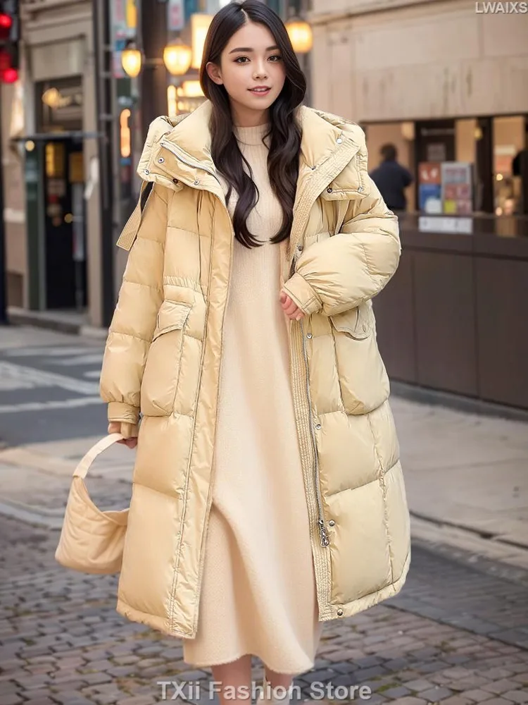 TXii Fashion Extra Large Size Down Jacket Women\'s Long Thickened 2023 New Waist Slimming Hooded chubby girl Winter Coat