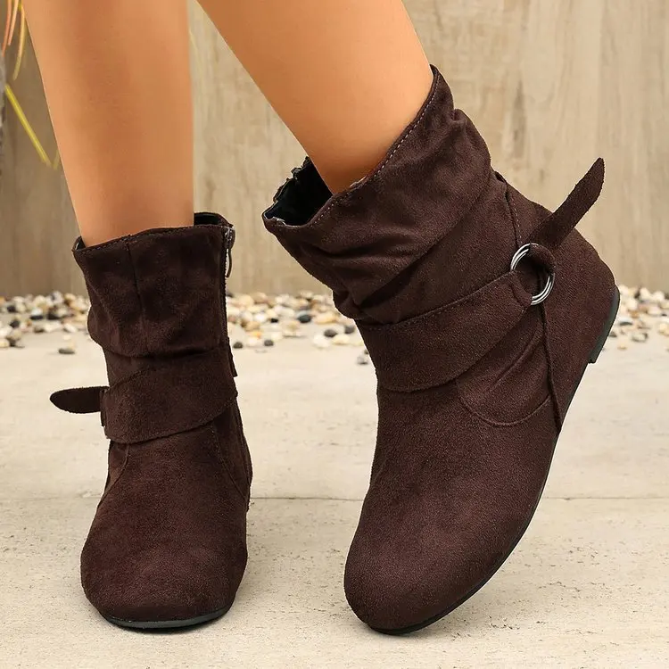 Damen-Stiefeletten mit runder Zehenpartie, verstellbarem Schnallenriemen, seitlichem Reißverschluss, flacher, rutschfester Sohle, lässiges Alltagsschuhwerk für Herbst und Winter – Detail 4