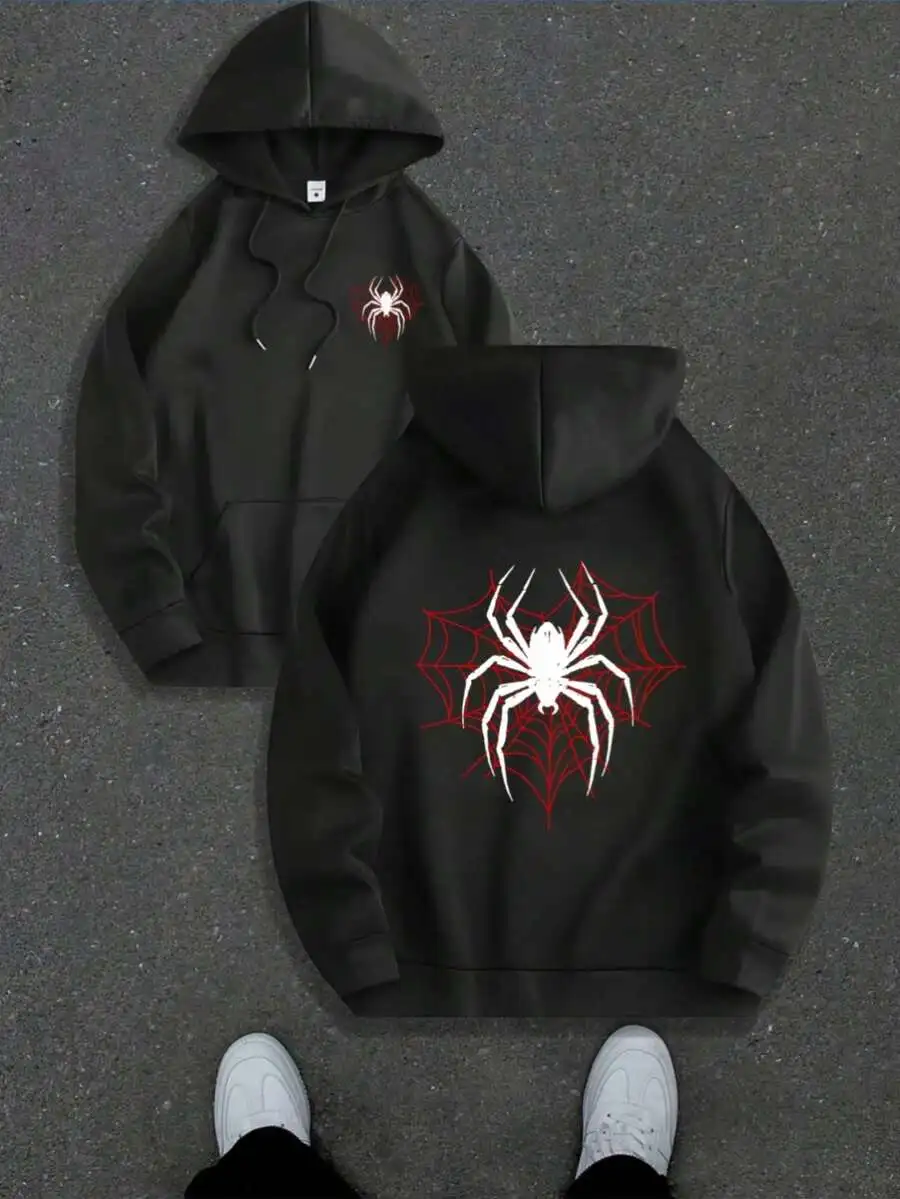 Men's Casual Hoodie Sweatshirt With Spider Web Theme And Spider Print Pattern, Featuring Pocket And Drawstring Details, Suitable For Couples, Ideal F