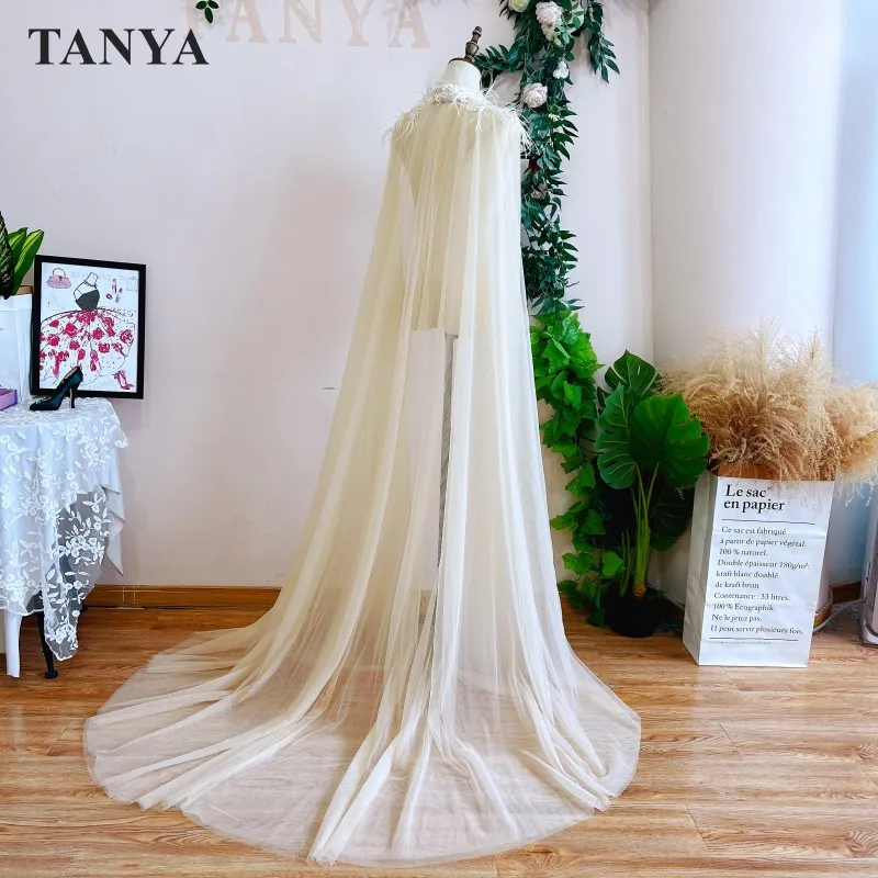 Champagne Modest Long Wedding Cape Ostrich Feather 2m Length Bohemian Brides Wraps Floral Lace Sweep Train Bridal Accessories