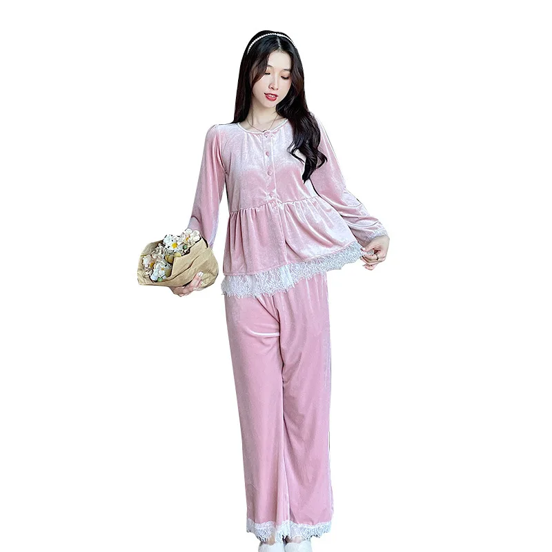 Autumn Winter Velvet Nightwear Pyjama Femme Trouser Suit Sleepwear Set Velour Pajamas Female 2PCS Sexy V-Neck Lace Homewear