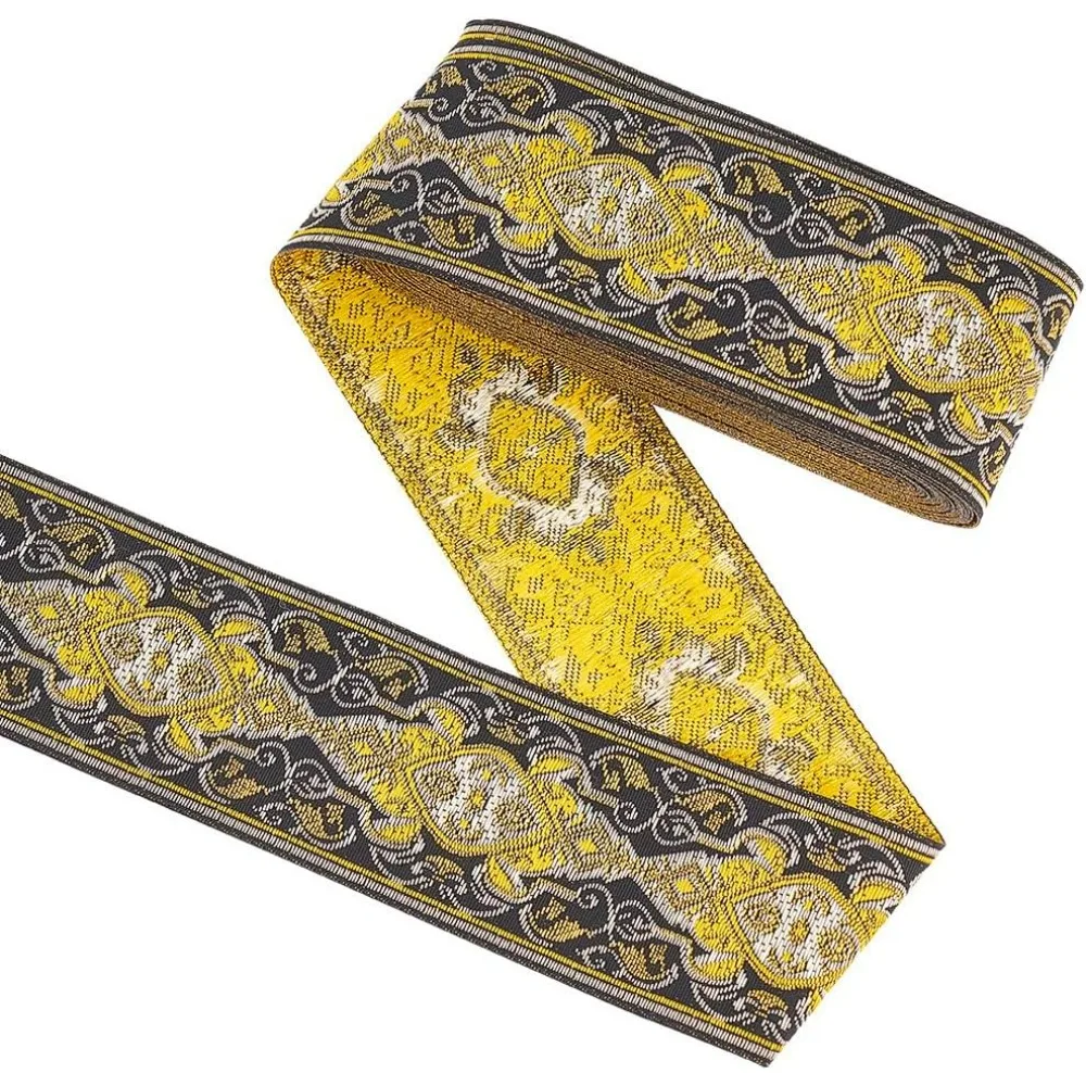 7.7 Yards 5cm Vintage Jacquard Ribbon Trim Black Yellow Metallic Jacquard Ribbon for Sewing Vintage Floral Woven Trim