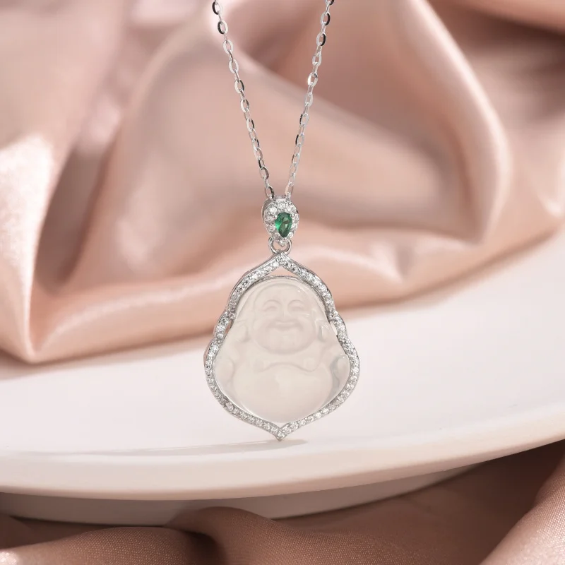 s925Sterling Silver Natural Chalcedony Necklace for Men and Women Diamond Maitreya Buddha Pendant Retro National Trend Clavicle