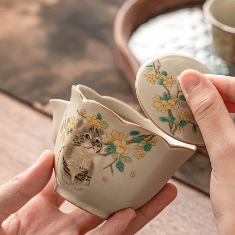 

Cute Ceramic Ru Kiln Gaiwan Exquisite Traditional Cover Bowl Tea Items Chinese Style Smooth Cat Tea Tureen Home Decor