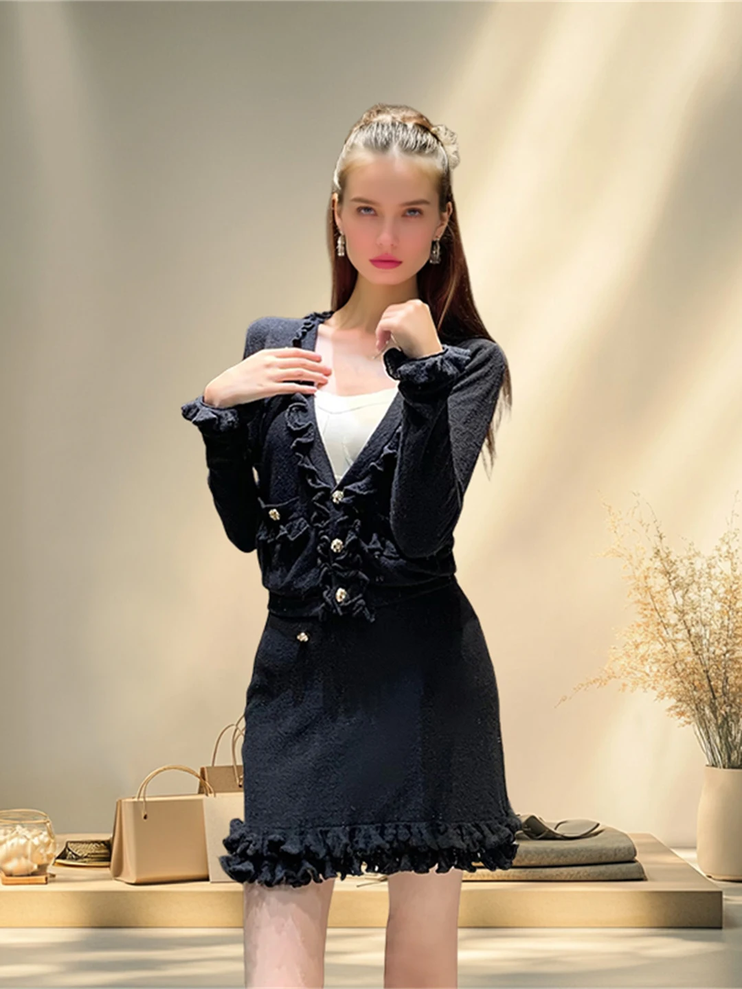 

Fashion Set 25: New Arrival Early Autumn High-Waisted Skirt with 3D Ruffled Lace Trim, Short Knit Cardigan for Women