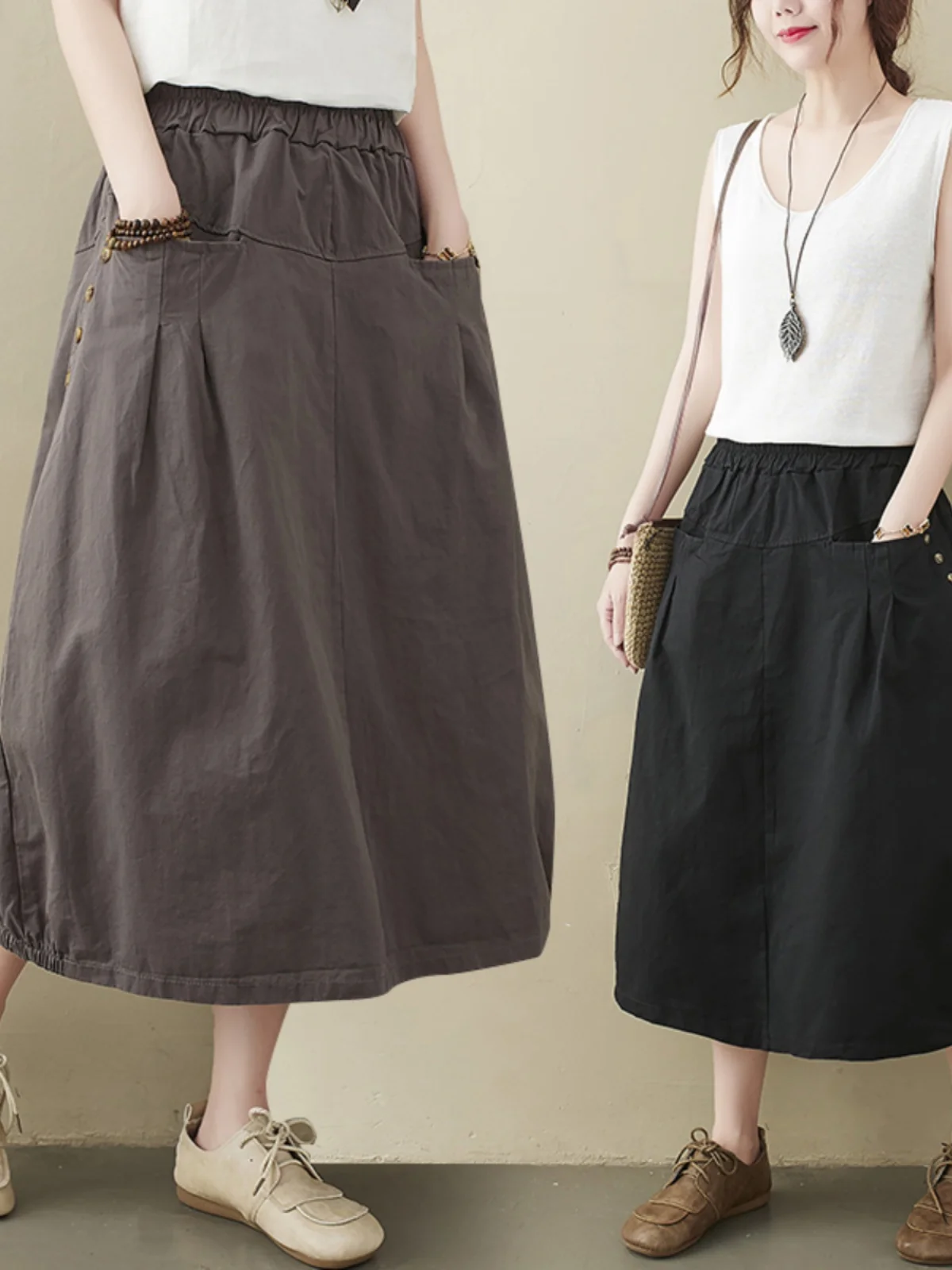 Casual Cotton Linen Artistic Bloom Half Skirt A-Line Lantern Skirt Slimming Elastic Waist Pure Color Versatile Casual Skirt
