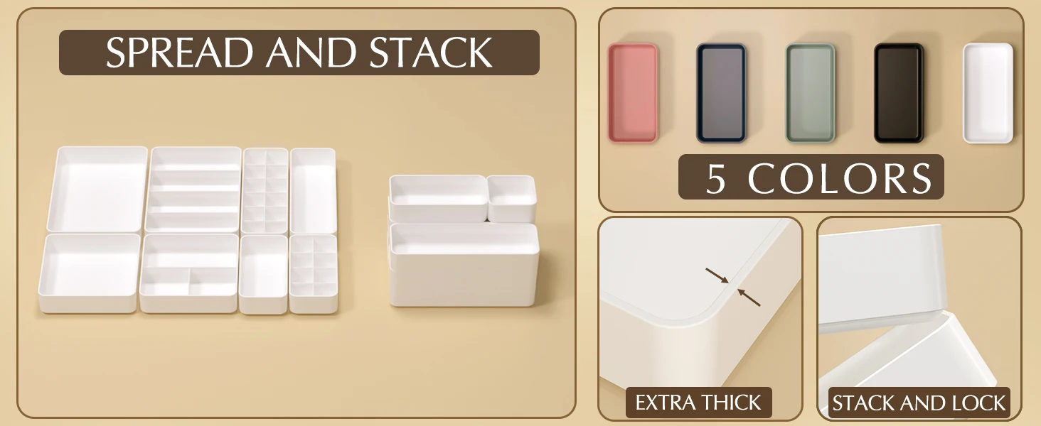 White Desk Drawer Organizer Trays: 9PC Shallow Vanity Bathroom Organizers