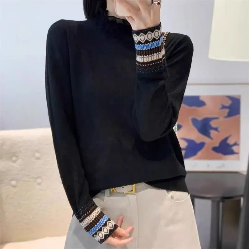 

Вязаный свитер с полувысоким воротником и кружевом, осенний новый высококачественный женский осенне-зимний пуловер с манжетами в этническом стиле