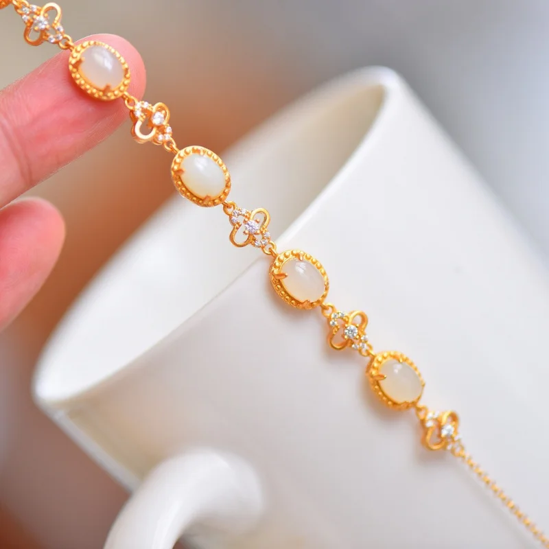 

Hetian White Jade Oval Surface Bracelet S925 Silver Gold Plated Inlaid Women'S Jewelry Accessories