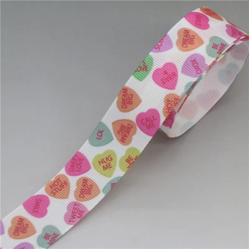 DUWES-Cinta de grogrén con estampado de corazón de San Valentín, accesorio para la cabeza, lazo para el pelo, decoración DIY, venta al por mayor, OEM D1275, 50 yardas