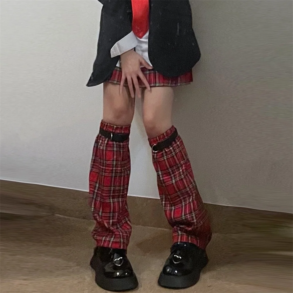 Women Red Plaid Print Sweet Leg Warmers Y2K Style Lady Streetwear Fashion Costume Foot Sleeve Harajuku PU Strap Summer Socks